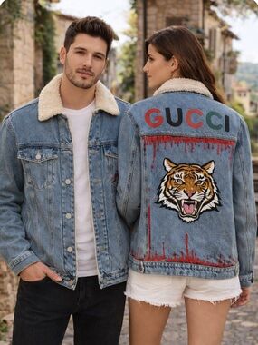HAND PAINTED Unisex, Blue Jean Jacket with Tiger Design